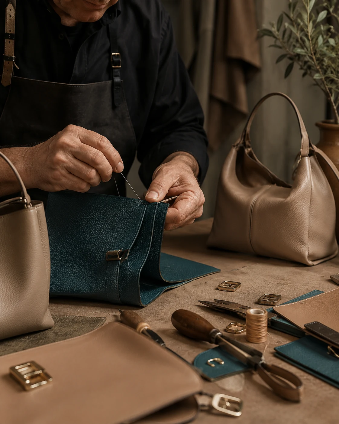 Italian leather artisan finishing a handbag