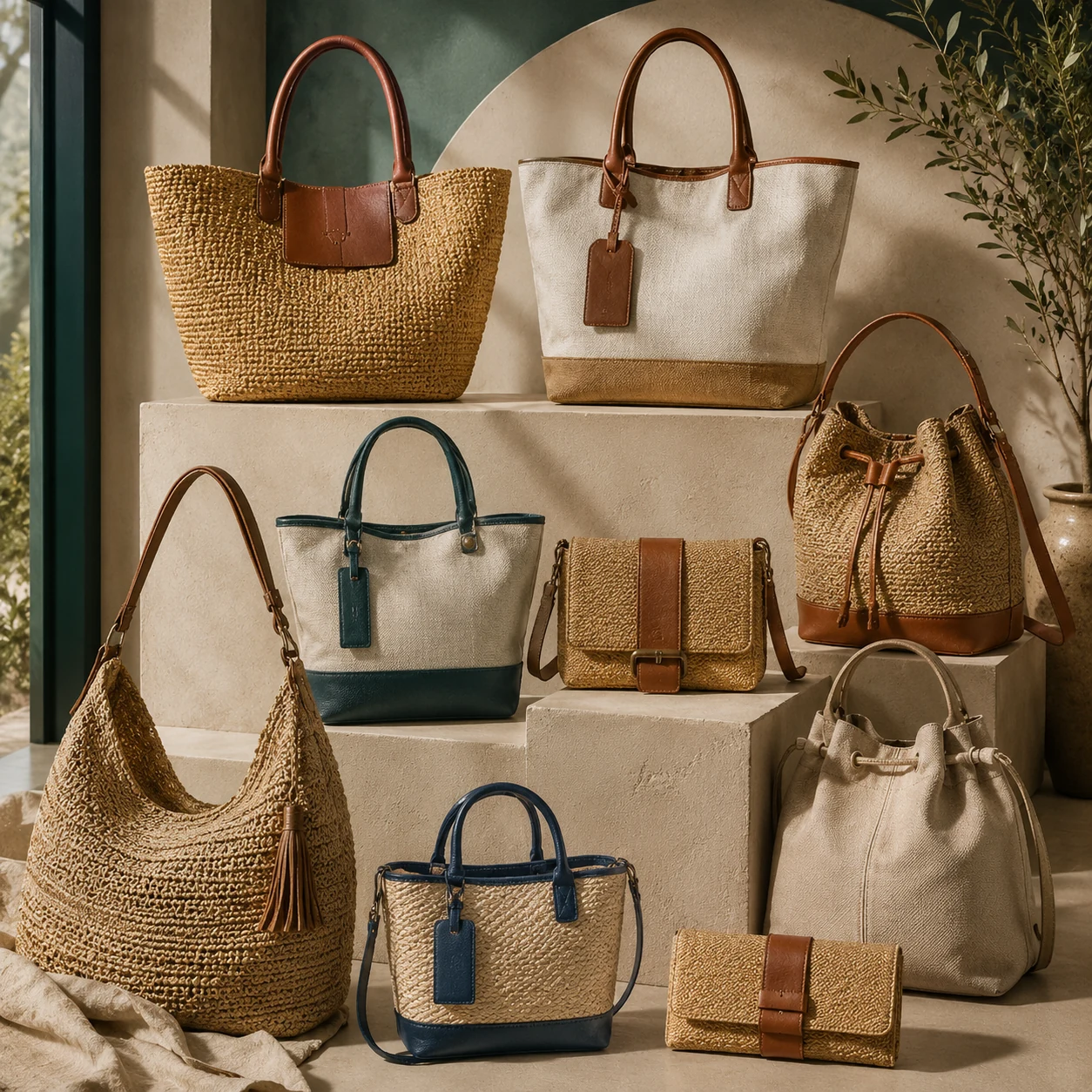Stroh-, Raffia- und Textiltaschen